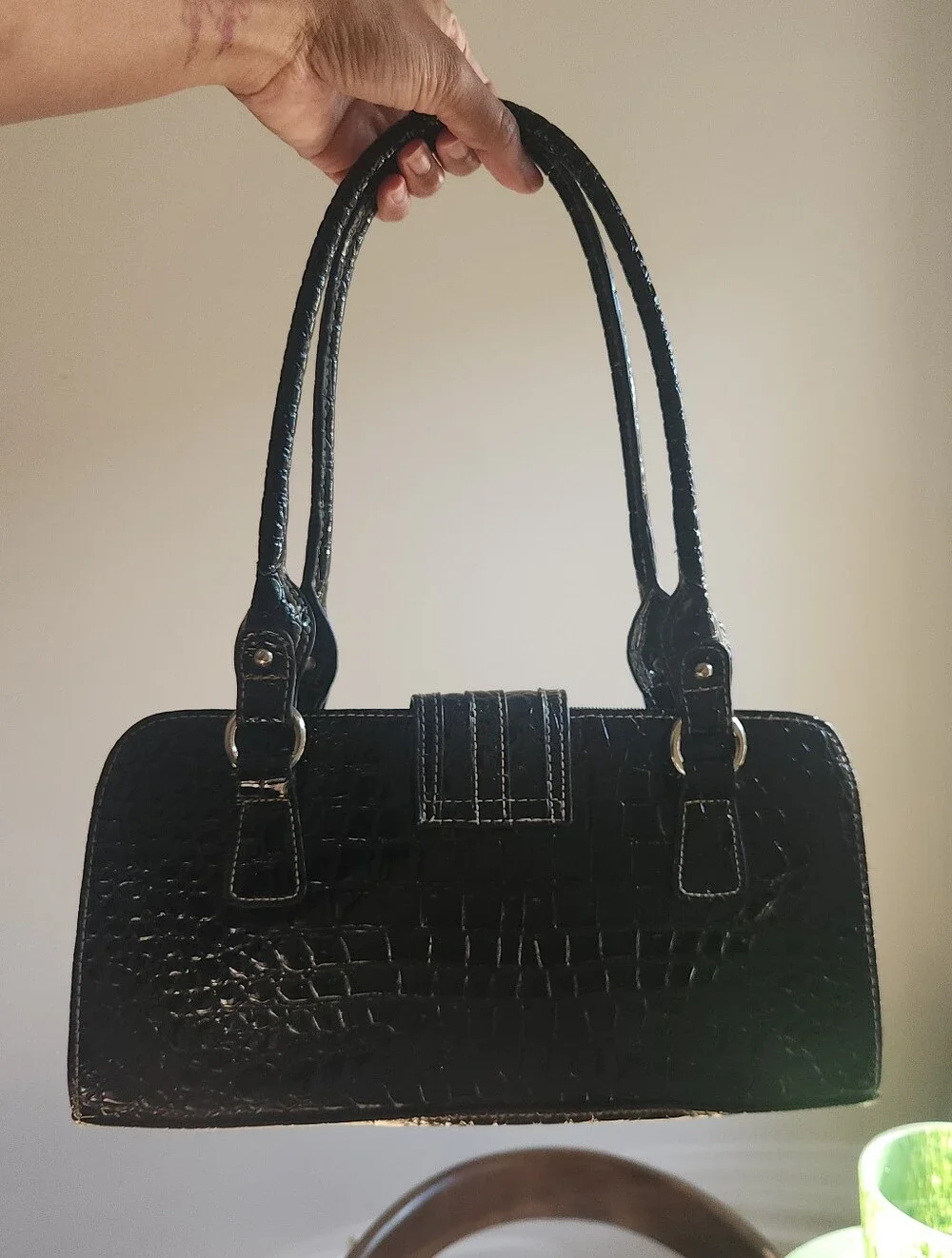 Vintage Black Croc Embossed Vinyl Satchel Handbag Silver Hardware Top Handle Pur